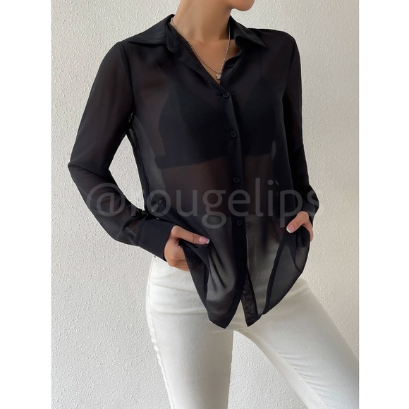 Black Sheer Chiffon Button Down Shirt Long Sleeve - Picture 4 of 8